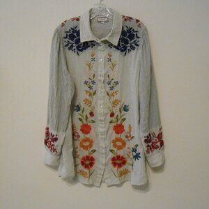 Johnny Was Workshop Embroidered Striped Shirt With Pearl Snap Buttons